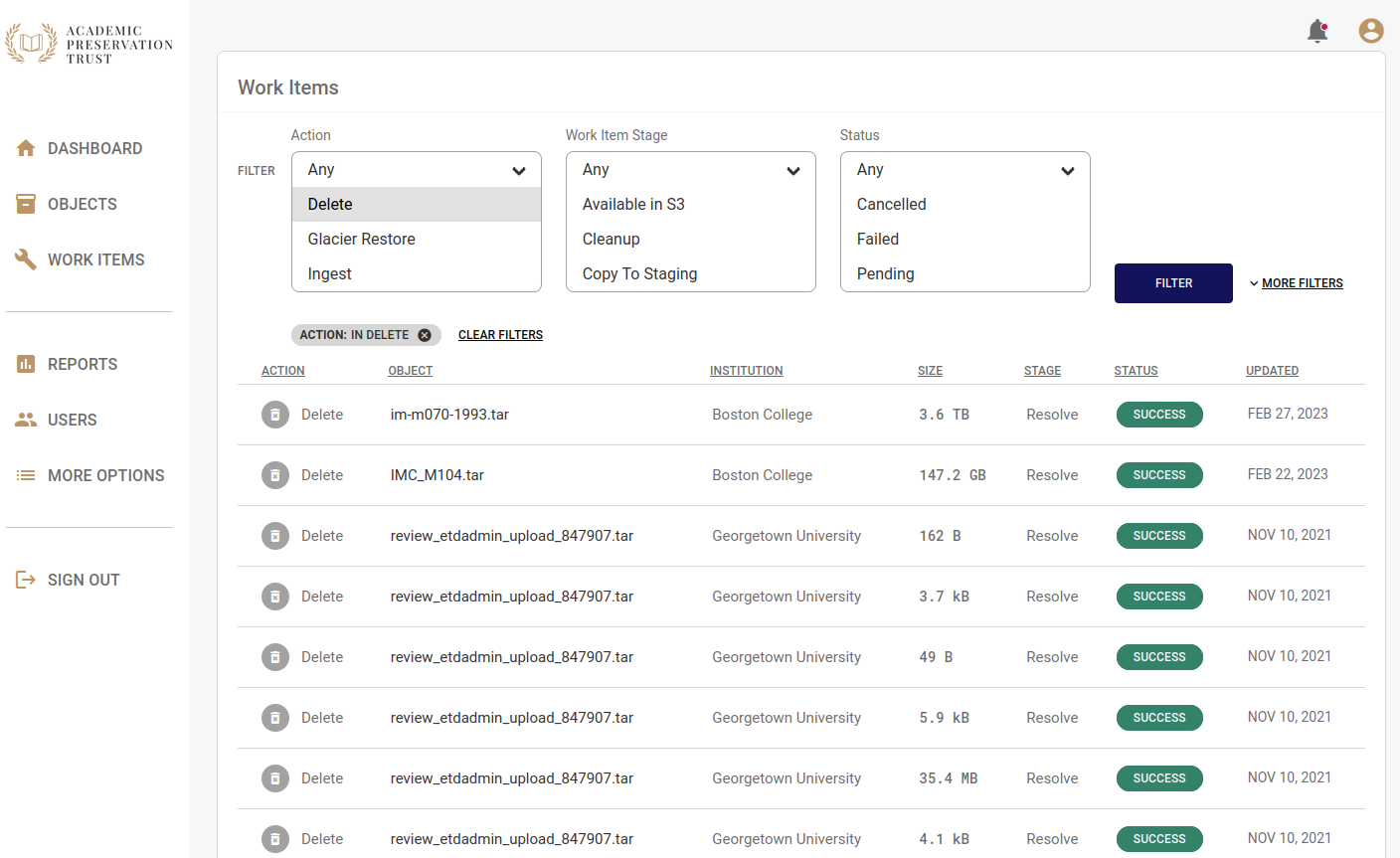 Registry Work Items page listing file deletion requests