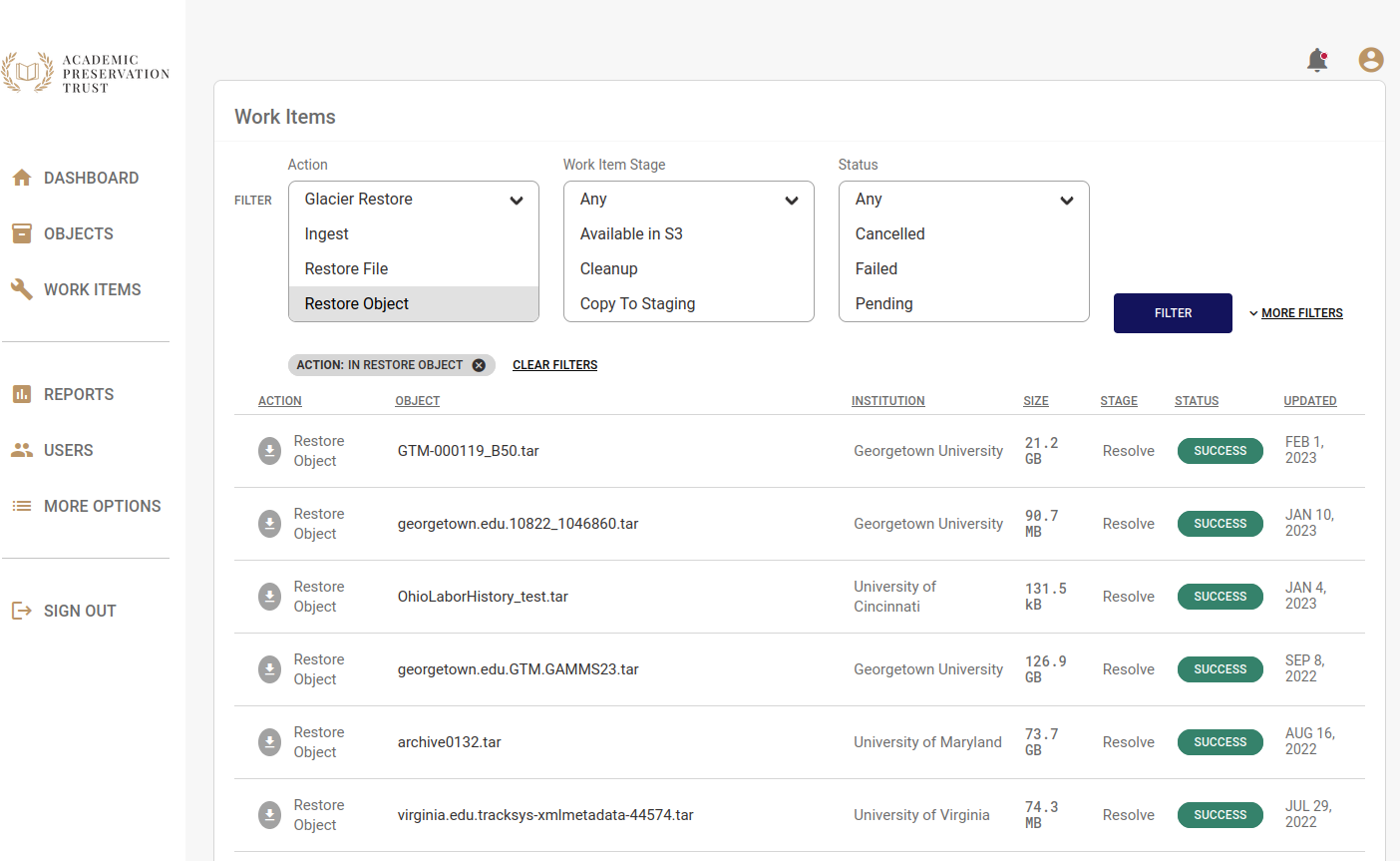 Registry work items list showing completed restoration requests