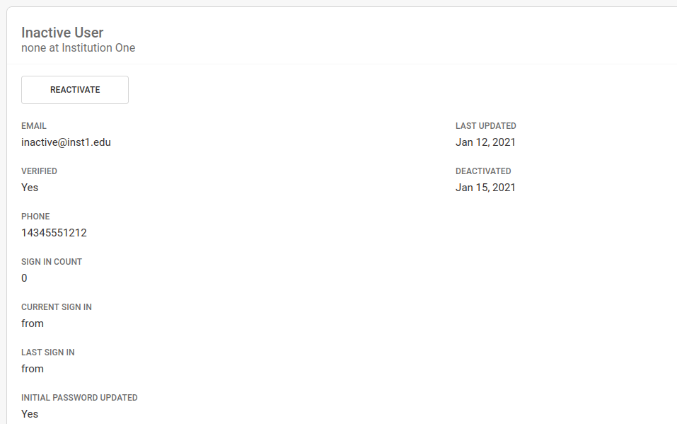 User detail page with Reactivate button